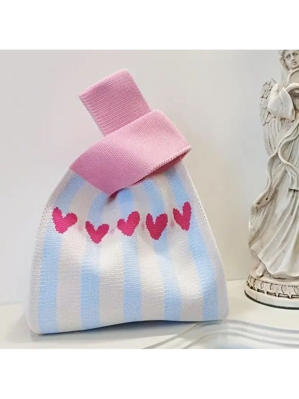 Heavy Woven Knit Heart Pattern Tote Purse Bag Japanese Knot  Closure Style